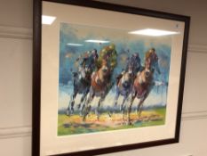 Contemporary School : The Final Furlong, oil on board, indistinctly signed, 49 cm x 58 cm, framed.