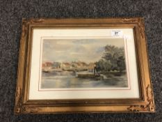 Nineteenth Century School : A Barge on a River with Figures and Dwellings Beyond, watercolour,