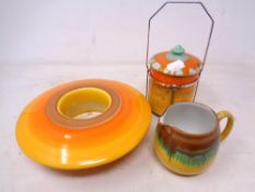 Three pieces of Shelley china including mushroom bowl, lidded preserve pot on stand and a milk jug.