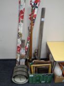 A 20th century beech wood standard lamp, two window blinds, vintage wooden easel,