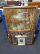 An oil on canvas depicting woodland together with a gilt framed mirror, a mirrored map of the world,