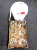 A box containing six glass demijohns together with further wine making buckets with accessories.