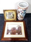 A Chinese style cylindrical stick pot together with a framed print of a spaniel with puppies in an