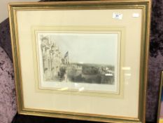 A hand coloured engraving depicting a castle,