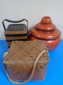 A Chinese wooden and wicker food carrier together with a further lacquered food carrier and a
