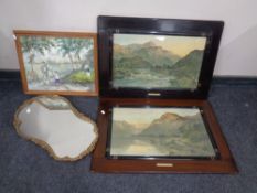 A shaped gilt framed mirror, an oil-on-board depicting figures in a garden,