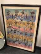An African print on canvas depicting figures, 65cm x 92cm.
