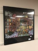 A continental colour print : Flying Skyscrapers, framed, 49cm x 50cm.