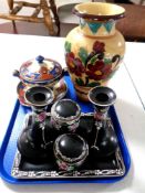 A five piece Shelley dressing table set with a 20th century pottery vase and a Satsuma style lidded