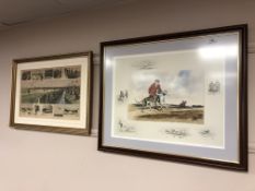 After Robin Watt, Greyhounds and their handler, reproduction in colours, signed and numbered 6/50,