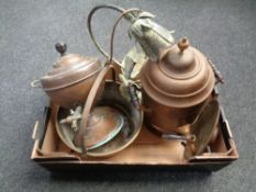A box containing antique and later metal ware including copper jam pan, samovar, tea urn etc.