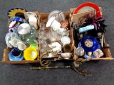 Three boxes of gilt wall sconces, drinking glasses,