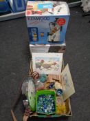 A box of glass stones, ornaments, horse head book ends, contemporary wall clock,