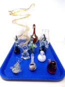 A tray of assorted art glass vase, glass bird paperweights,