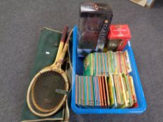 A box of Shell and Burrago die cast vehicles, vintage lady bird books,