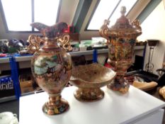 A Japanese style lidded twin handled vase decorated with geishas (height 58cm) together with