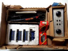 A box containing a 7178 engine with coaches, two Hornby railways 00 gauge coaches (boxed),