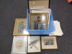 A box of pictures and prints including water colour of Kestrel,