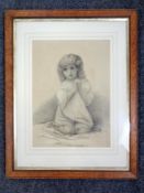 C Hunt : Pencil drawing of a girl, dated 1892, in oak frame and mount.