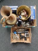 Two boxes containing a Satnav, a kukri knife in sheath, collectors plates, jewellery boxes,