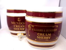 Two china sherry barrels, Williams & Humbert cream sherry and Mendoza cream sherry,