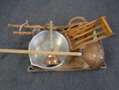 A box of two wicker carpet beaters, wooden trough, aluminium jam pan,