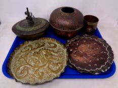 A tray containing five pieces of antique and later brass and copper ware including a Chinese brush