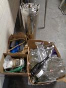 A large quantity of home brewing equipment including fermentation barrels, bottles,