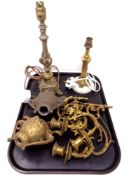 A tray containing Continental table lamps, gilt metal candle sconces.
