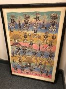 An African print on canvas depicting figures, 65cm x 92cm.