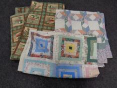 A patchwork throw together with a further hand stitched quilt and a tapestry quilt depicting ducks.