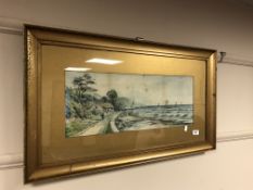 J Geldard Walton : boats at incoming tide, watercolour, 58 cm x 22 cm, signed.