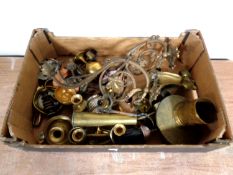 A box containing antique and later metal wares including Art Nouveau wall sconces, goblets,
