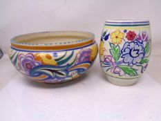 A Poole pottery fruit bowl (diameter 24cm) together with a vase.