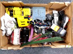 A box containing a quantity of LEGO and Meccano.