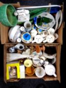 Two boxes containing assorted ceramics including Sylvac, Crown Devon vases, continental figures etc.