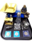 A tray containing a set of vintage Weighmaster scales, a pewter pepper pot in the form of an owl,