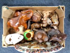 Two boxes containing treen, Lott's Bricks building set, petrol glass dish and further glassware etc.