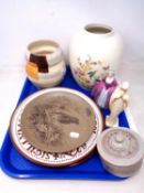 A tray containing Poole vase, Poole A Christmas Carol wall plate, a Beswick vase, figures etc.