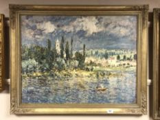 An Artagraph Edition on canvas : Boat in a lake with buildings beyond,