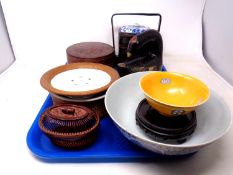 A tray containing oriental wares including food pots and baskets, finger bowl,