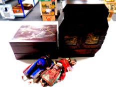 Two Chinese cabinets and two 19th century Chinese dolls (one requires repair)