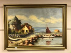 Continental School : A boat moored by a cottage, oil on canvas, 95 cm x 65 cm.