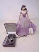 A Coalport Age of Elegance figure, Lavender Walk together with a boxed Waterford crystal thimble.