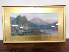 E. W. Hayes : Highland Cattle by a Loch, watercolour, signed, 54cm by 25cm.