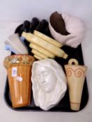 A tray of china wall pockets including Poole, a pottery wall mask etc.