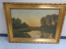 Continental school : Pond with woods beyond, oil-on-canvas, indistinctly signed,