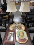 A pair of contemporary table lamps with shades together with dried flowers in vase behind convex