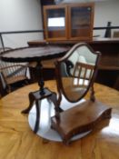 A mahogany shield dressing table mirror fitted with three drawers together with a wine table.