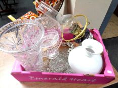 A box containing an electric oil lamp with chimney and shade together with a quantity of assorted